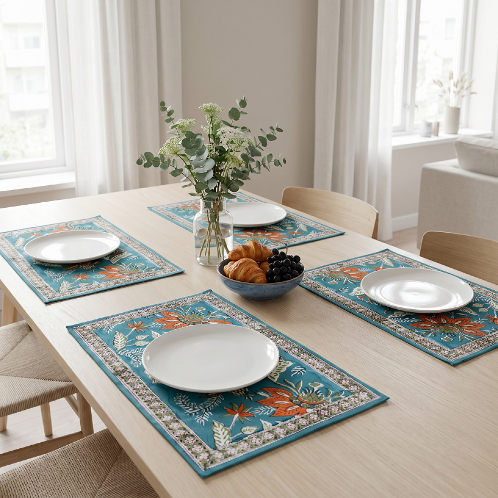 Image of Hand Block Printed Cotton Canvas Table Mat 32x48 cms (Set of 2 Table mats) | Bossanova Green Gud 393939