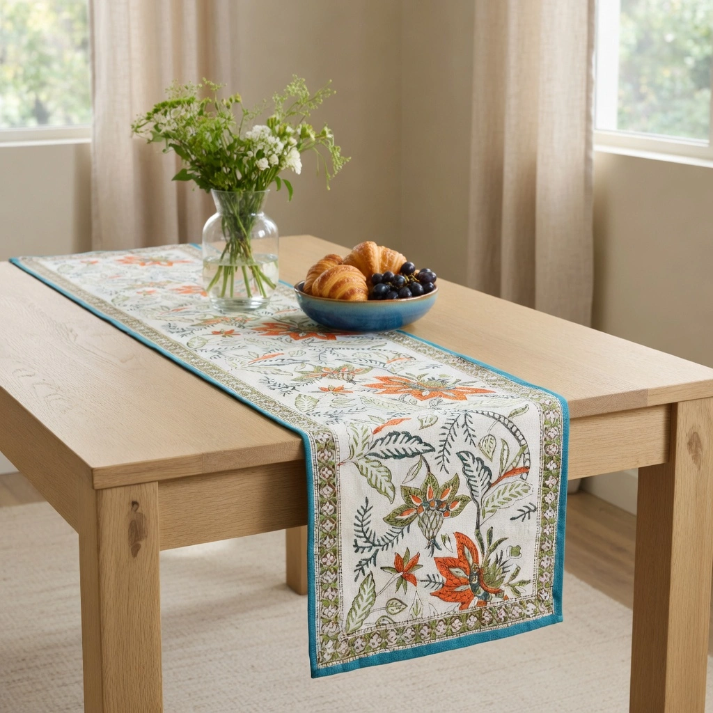 Hand Block Printed Cotton Canvas Table Runner 33x120 cms Bossanova Green Open 393938