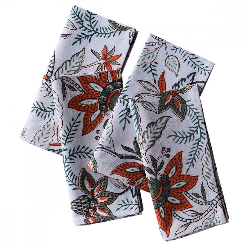 Image of Hand Block Printed Cotton Napkin 45x45 cms (Set of 4 Napkins) | Bossanova Green Open 393938