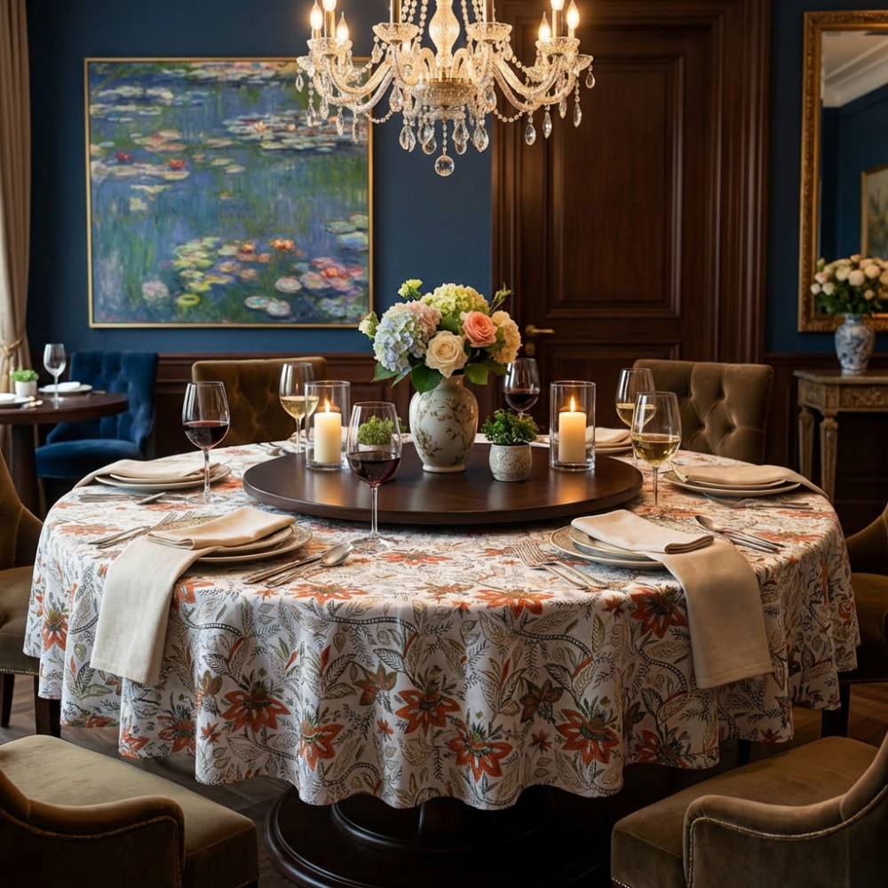 Image of Hand Block Printed Cotton Round Tablecloth 150 cms | Bossanova Green Open 393938