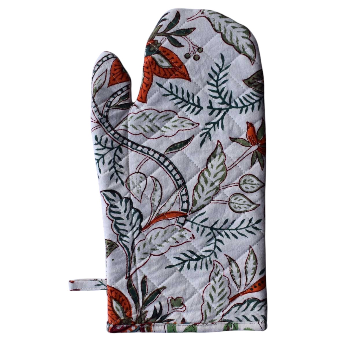 Artisan-Made Hand Block Printed Oven Mitt and Pot Holder Set Bossanova Green Open 393938