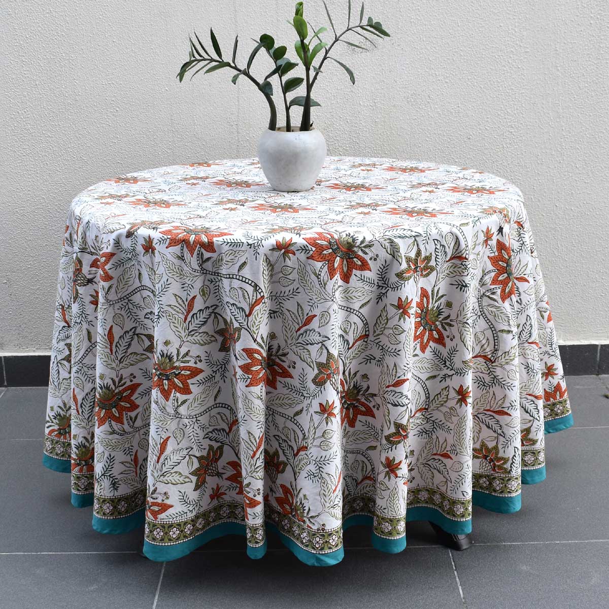 Hand Block Printed Cotton Round Tablecloth 220 cms Bossanova Green Open 393938