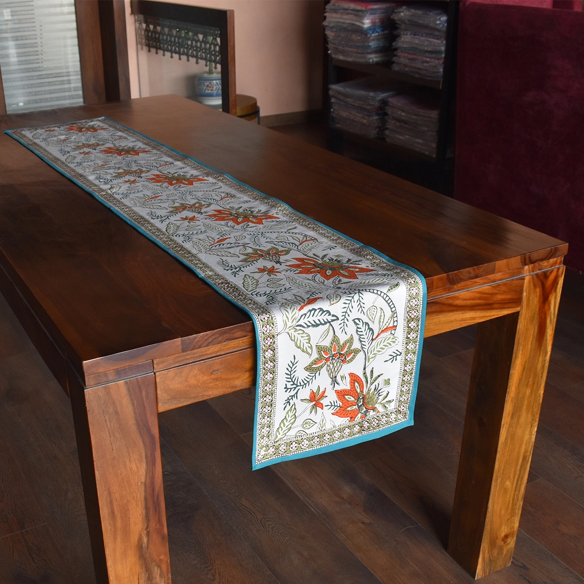 Hand Block Printed Cotton Canvas Table Runner 33x170 cms Bossanova Green Open 393938