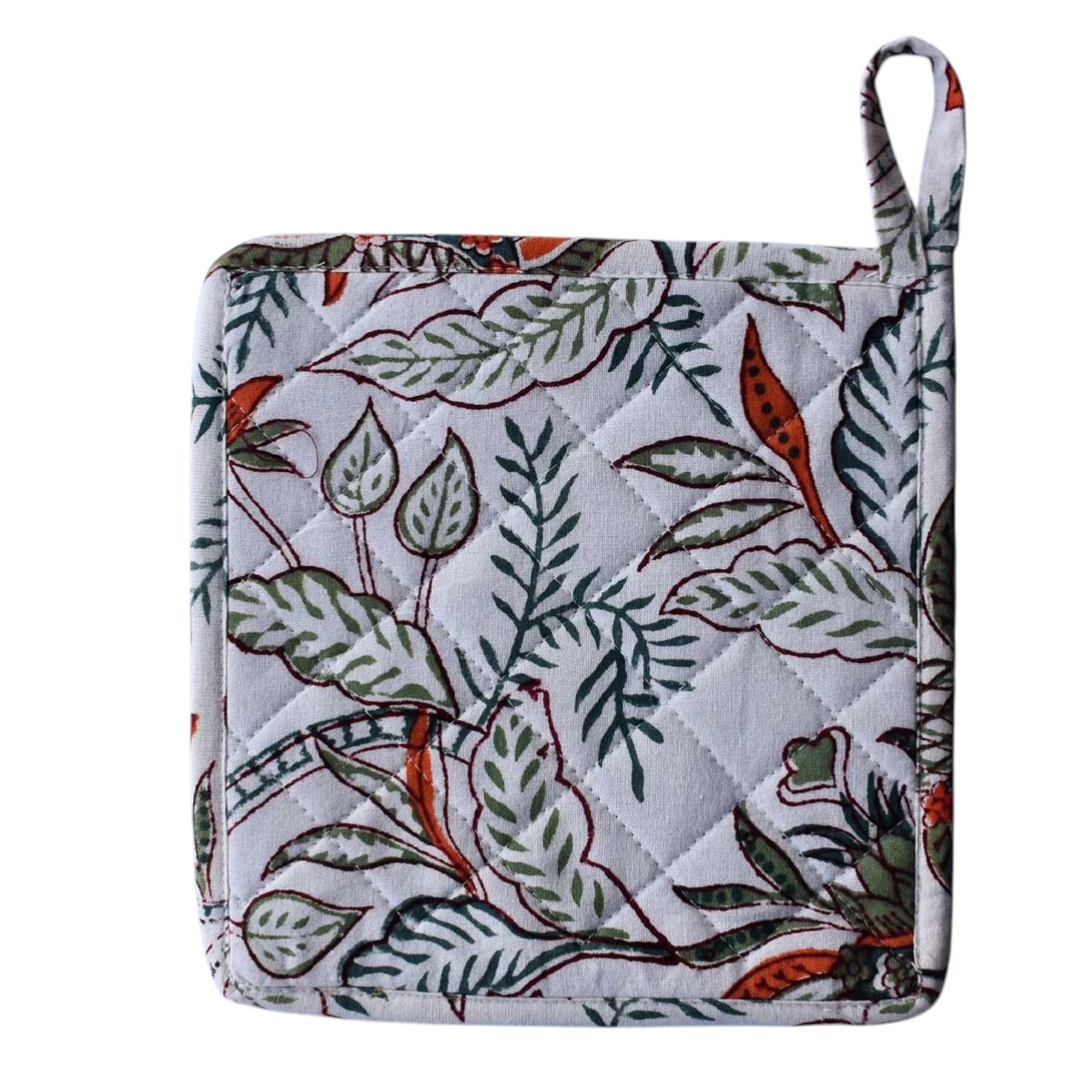 Artisan-Made Hand Block Printed Oven Mitt and Pot Holder Set Bossanova Green Open 393938