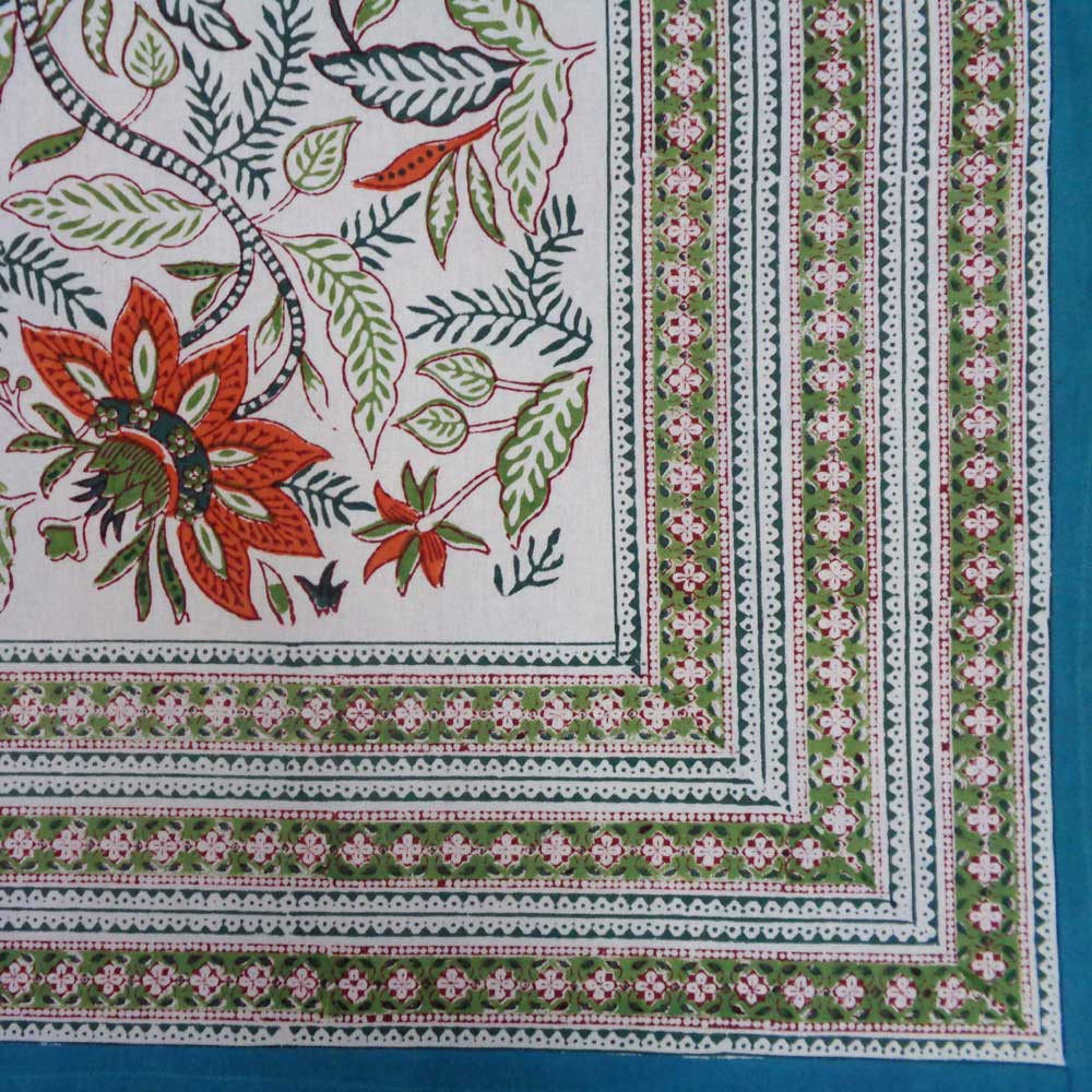 Hand Block Printed Cotton Tablecloth 150x150 cms Bossanova Green Open 393938