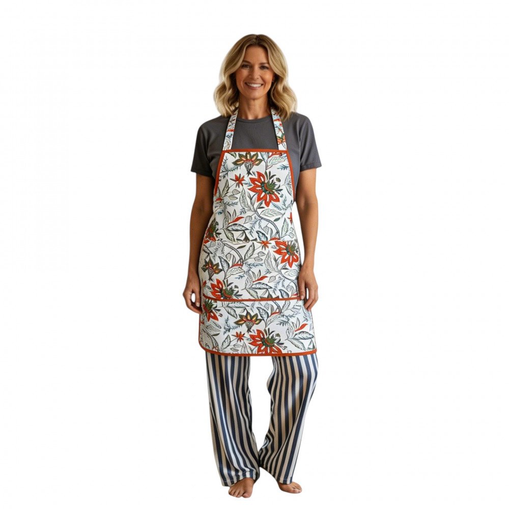 Image of Indian Block-Printed 100% Cotton Apron | Bossanova Green Open 393938