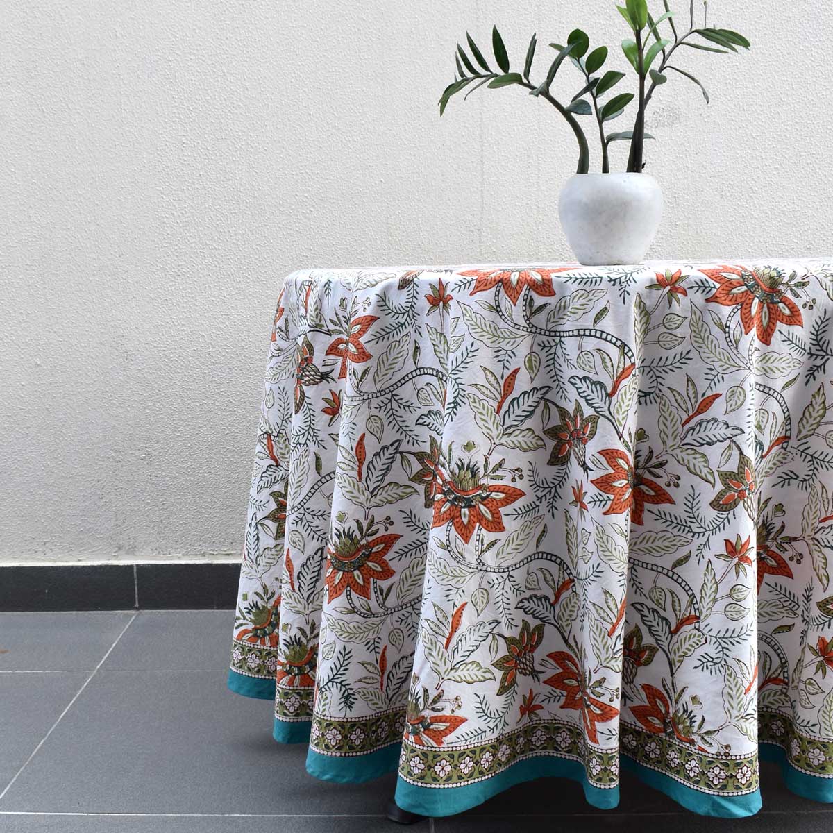 Hand Block Printed Cotton Round Tablecloth 220 cms Bossanova Green Open 393938