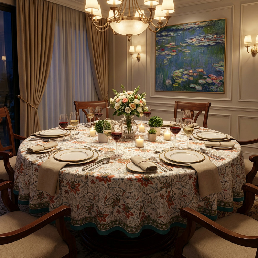 Image of Hand Block Printed Cotton Round Tablecloth 150 cms | Bossanova Green Open 393938