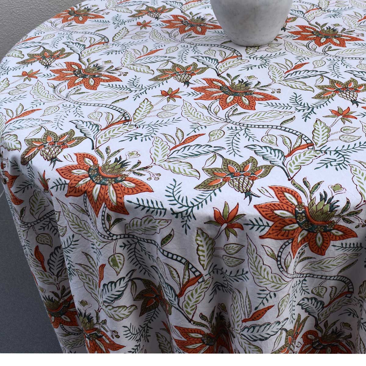 Hand Block Printed Cotton Round Tablecloth 220 cms Bossanova Green Open 393938