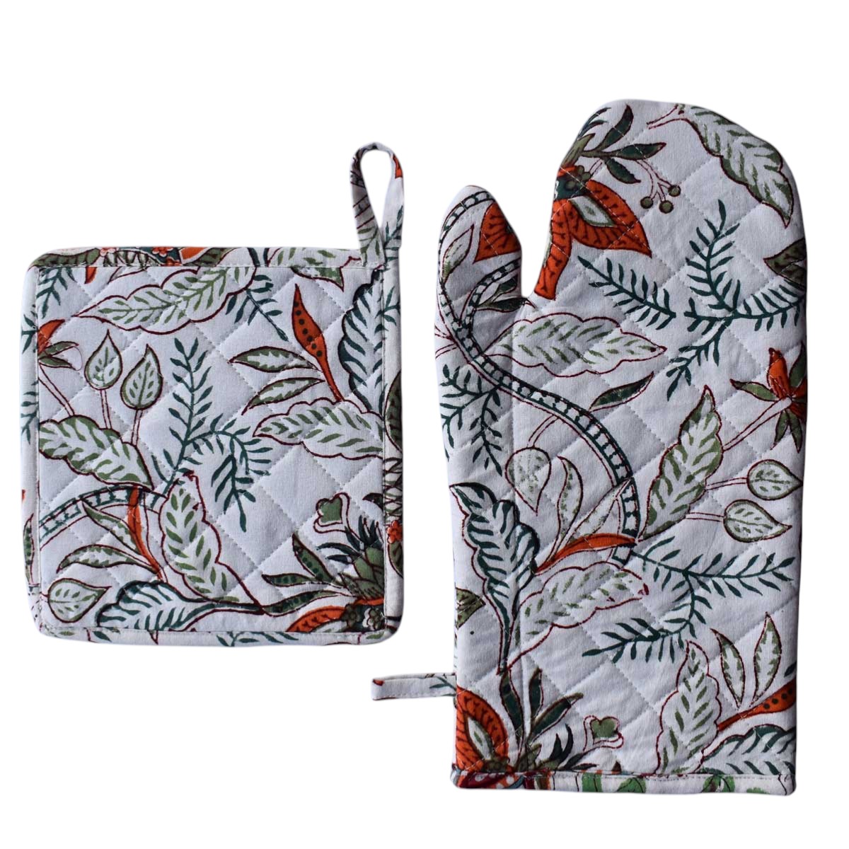 Artisan-Made Hand Block Printed Oven Mitt and Pot Holder Set Bossanova Green Open 393938