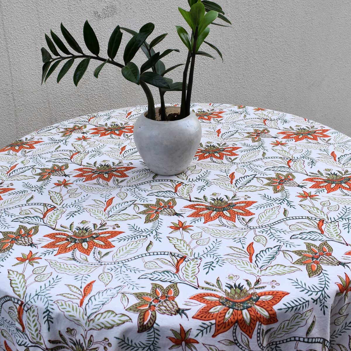 Hand Block Printed Cotton Round Tablecloth 220 cms Bossanova Green Open 393938