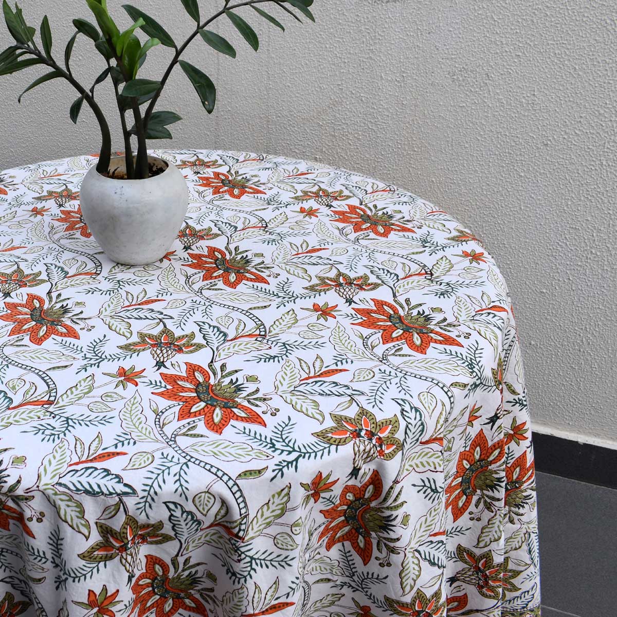Hand Block Printed Cotton Round Tablecloth 220 cms Bossanova Green Open 393938