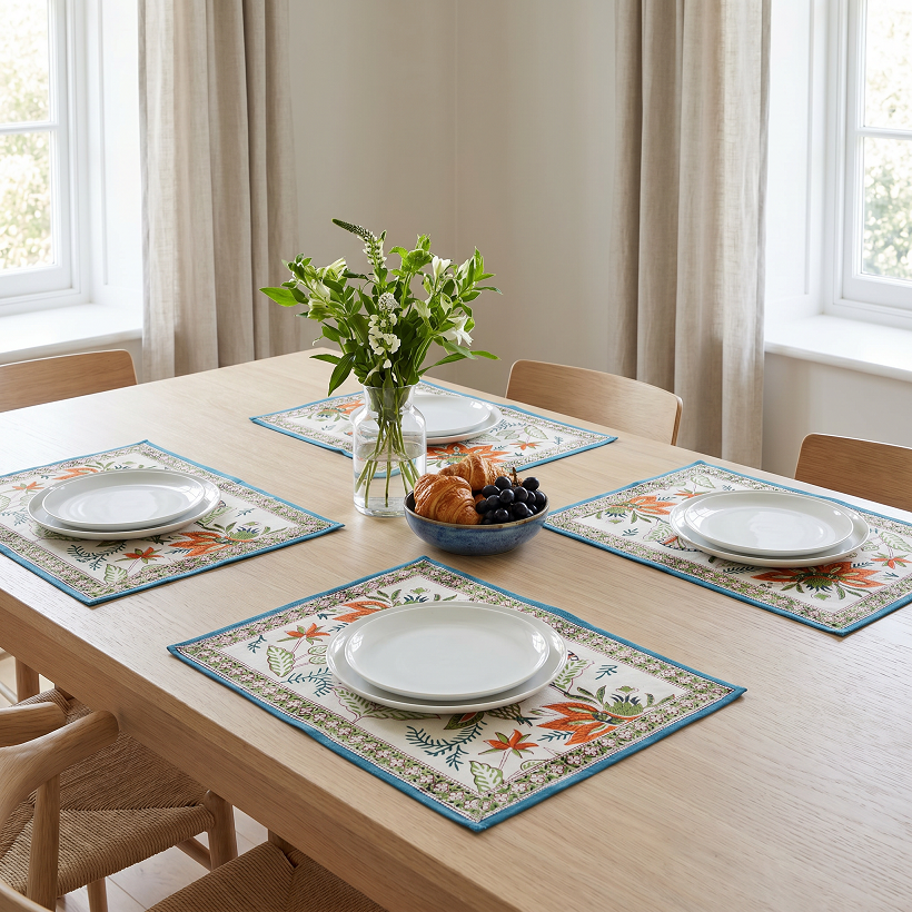 Hand Block Printed Cotton Canvas Table Mat 32x48 cms Set of 2 Table mats Bossanova Green Open 393938