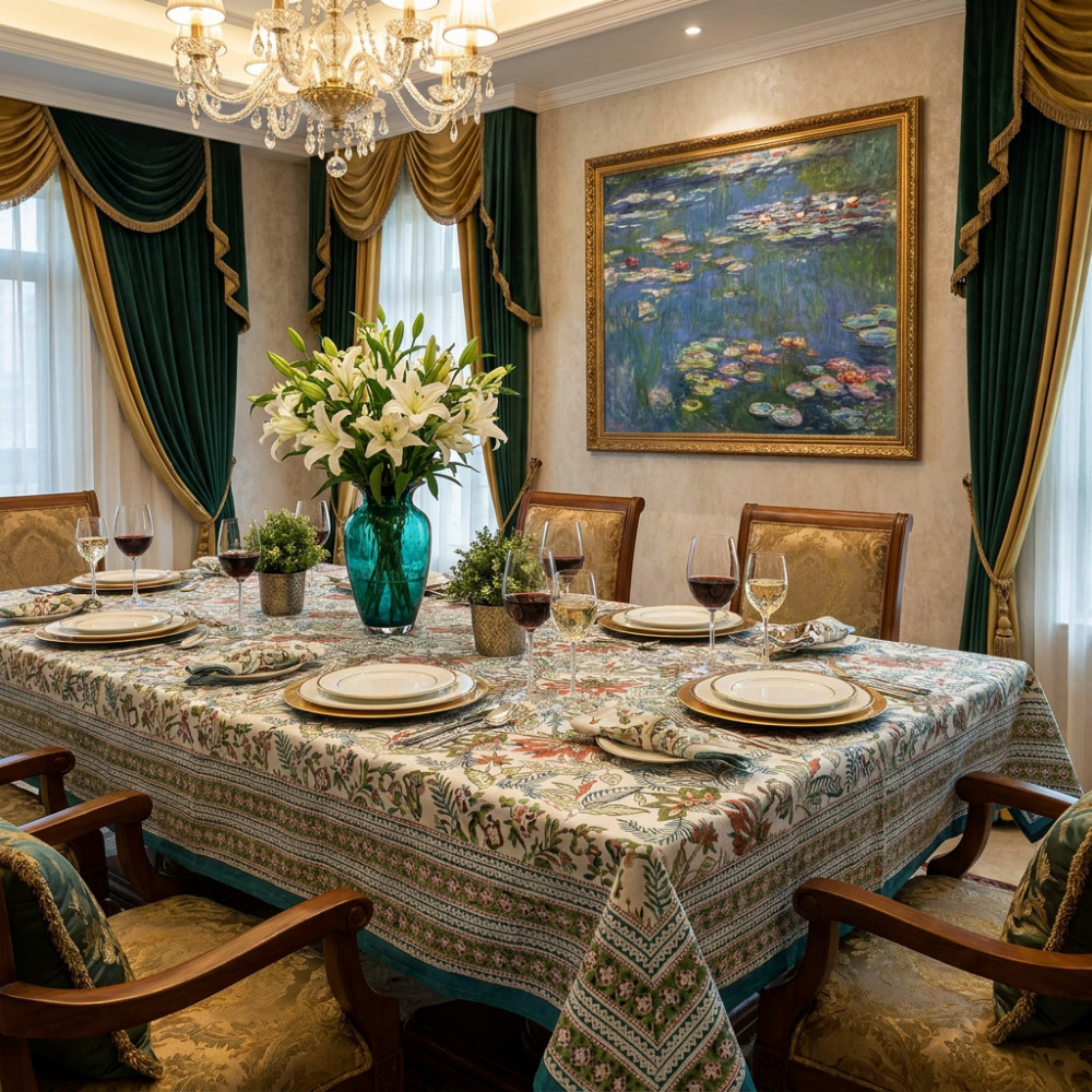 Image of Hand Block Printed Cotton Tablecloth 150x220 cms | Bossanova Green Open 393938