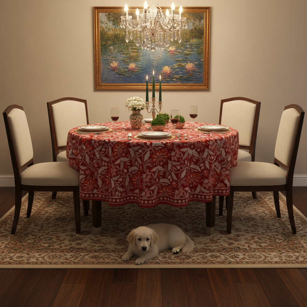 Hand Block Printed Cotton Round Tablecloth 220 cms Bossanova Red Gud 208858