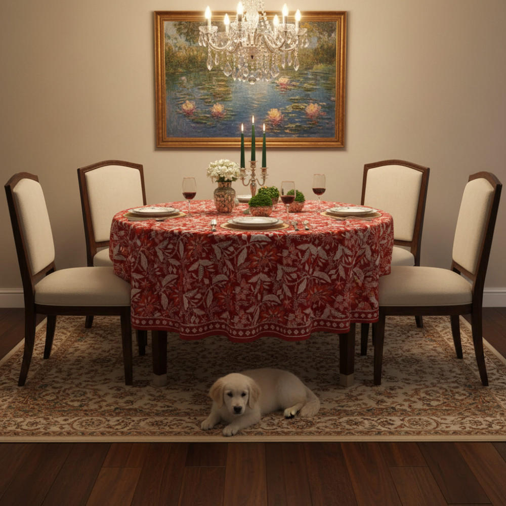 Image of Hand Block Printed Cotton Round Tablecloth 180 cms | Bossanova Red Gud 208858