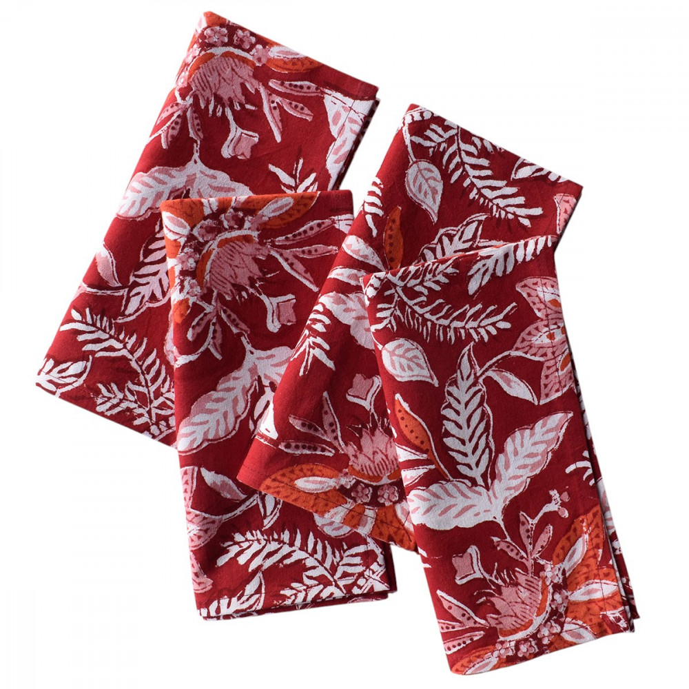 Image of Hand Block Printed Cotton Napkin 45x45 cms (Set of 4 Napkins) | Bossanova Red Gud 208858