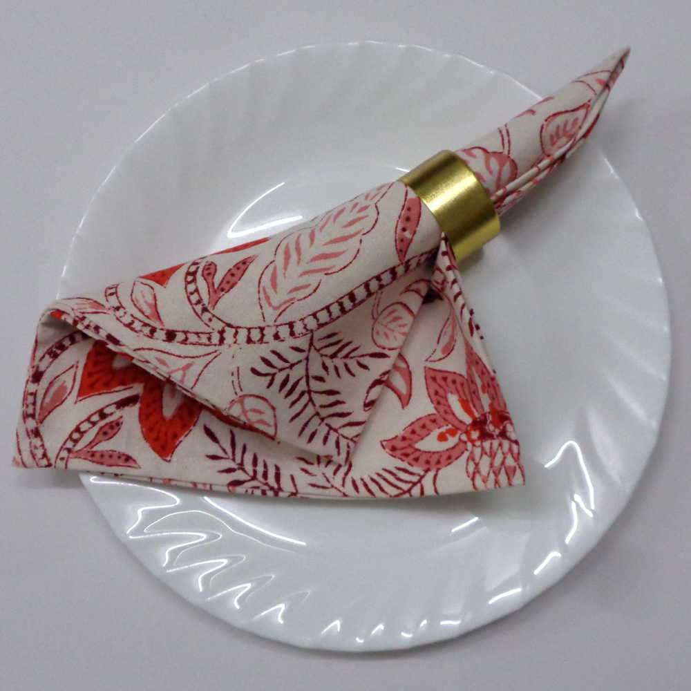 Hand Block Printed Cotton Napkin 45x45 cms Set of 4 Napkins Bossanova Red Open 103700