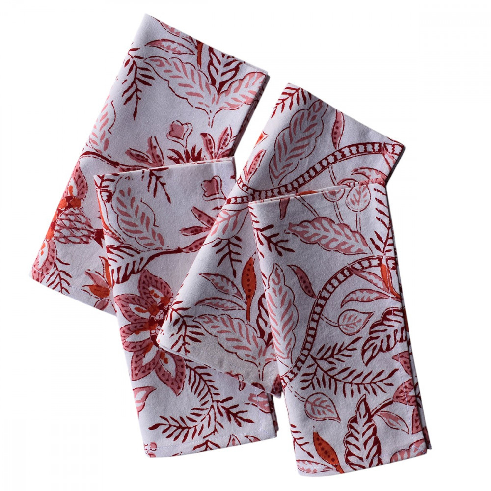Image of Hand Block Printed Cotton Napkin 45x45 cms (Set of 4 Napkins) | Bossanova Red Open 103700