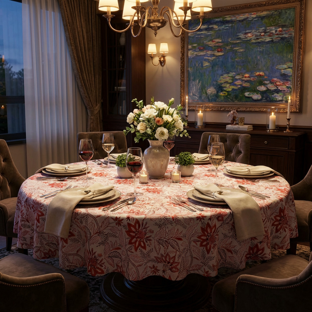 Image of Hand Block Printed Cotton Round Tablecloth 180 cm | Bossanova Red Open 103700