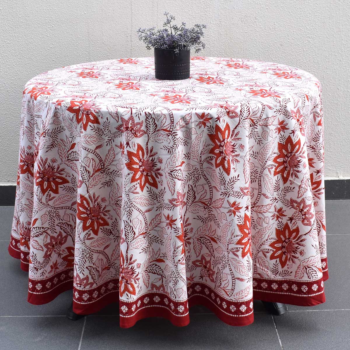 Hand Block Printed Cotton Round Tablecloth 150 cms  Bossanova Red Open 103700