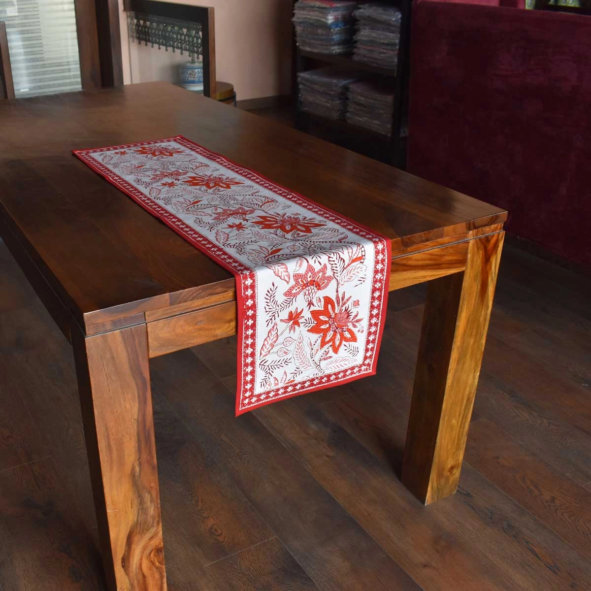 Hand Block Printed Cotton Canvas Table Runner 33x120 cms Bossanova Red Open 103700