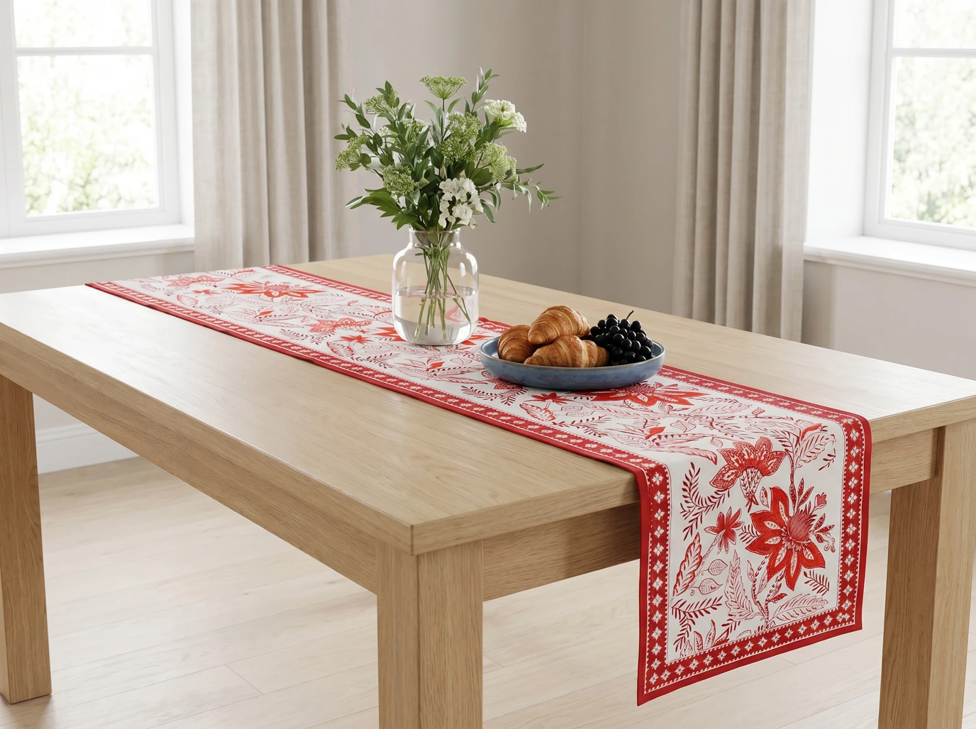 Hand Block Printed Cotton Canvas Table Runner 33x120 cms Bossanova Red Open 103700