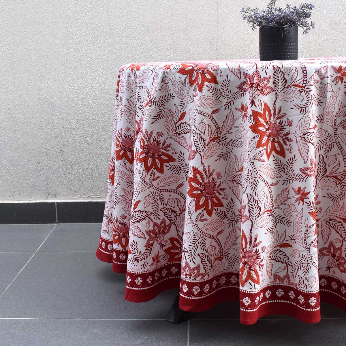 Hand Block Printed Cotton Round Tablecloth 150 cms  Bossanova Red Open 103700