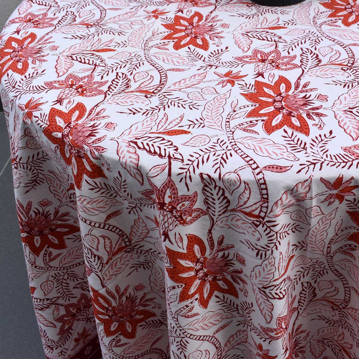 Hand Block Printed Cotton Round Tablecloth 220 cms Bossanova Red Open 103700