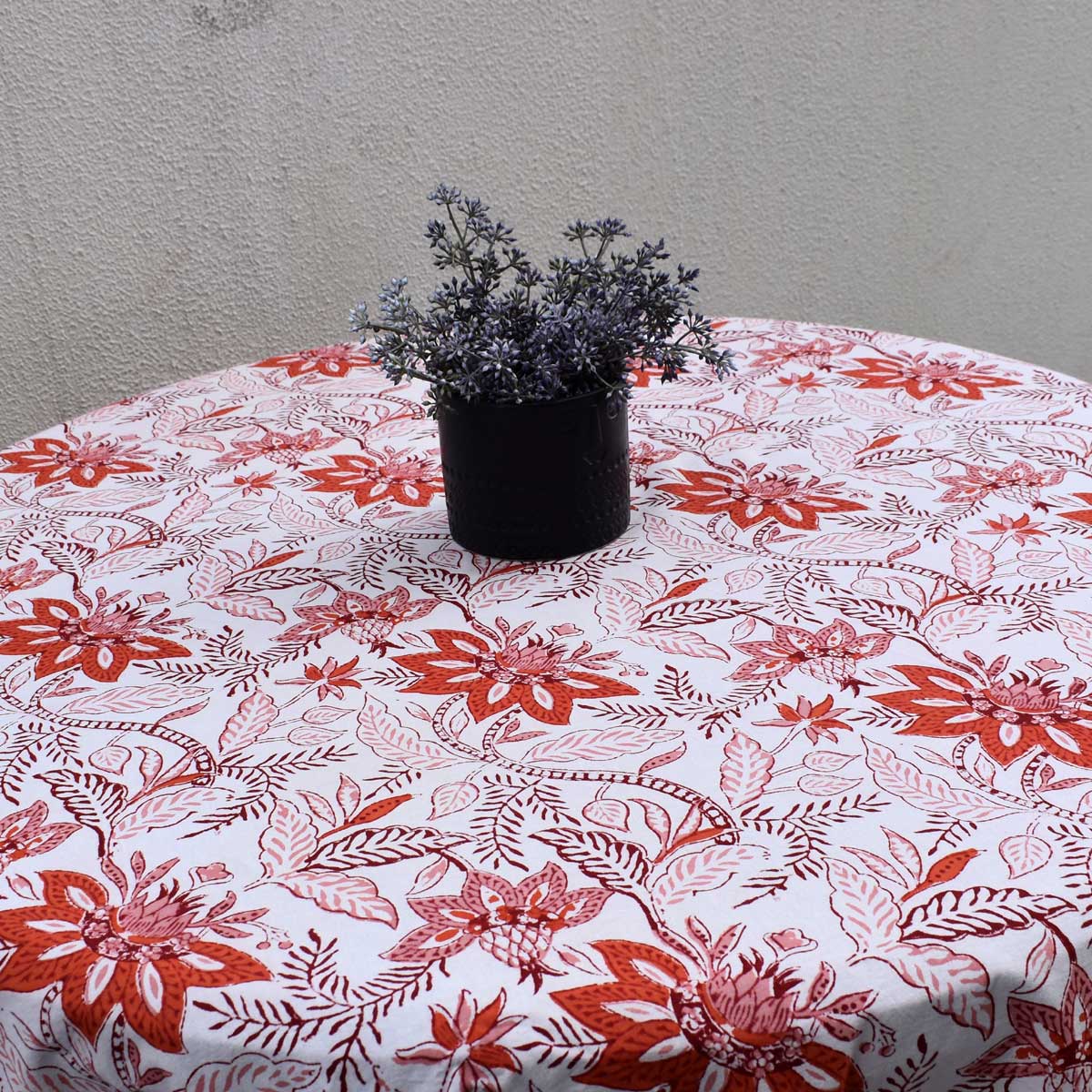 Hand Block Printed Cotton Round Tablecloth 220 cms Bossanova Red Open 103700