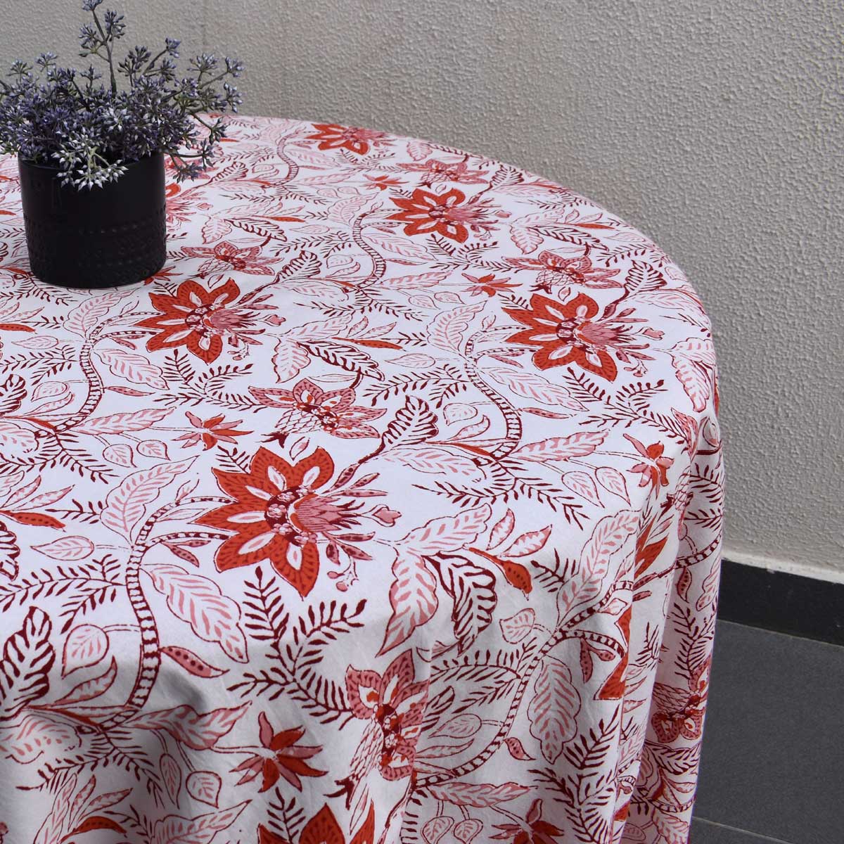 Hand Block Printed Cotton Round Tablecloth 150 cms  Bossanova Red Open 103700