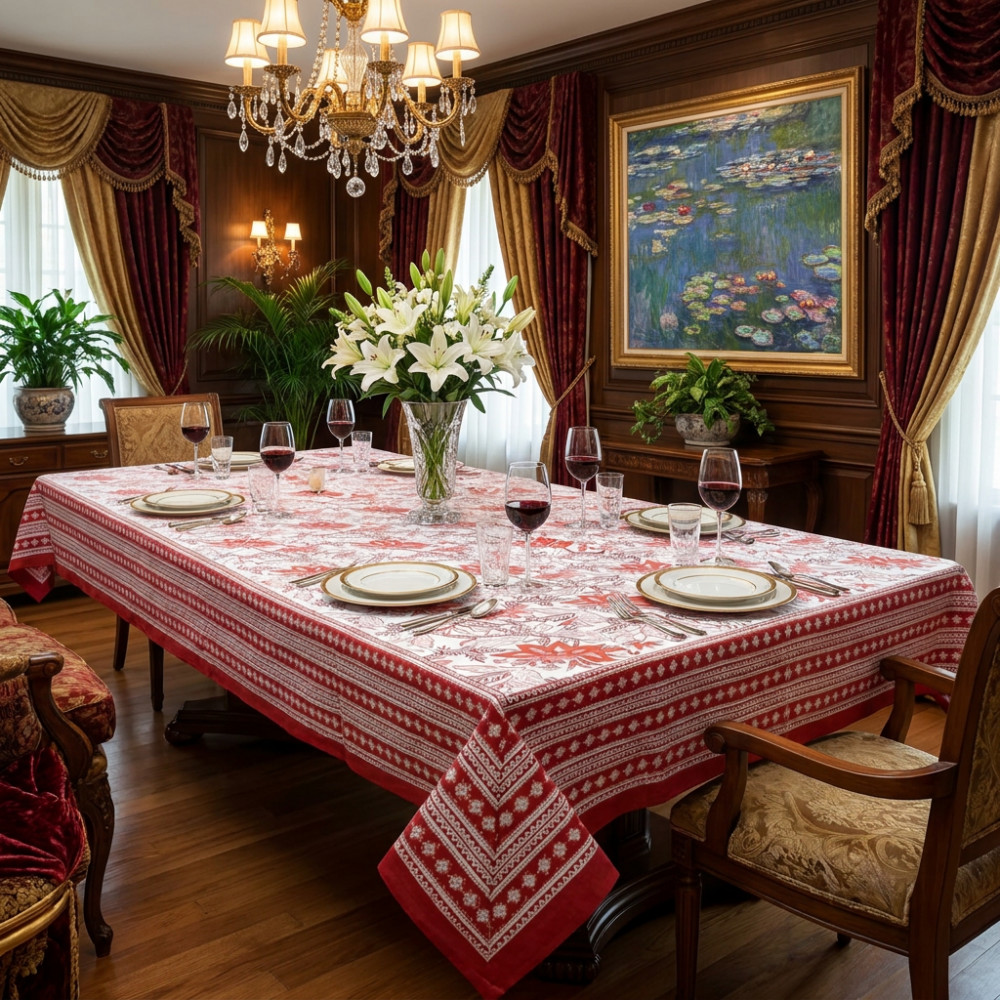 Image of Hand Block Printed Cotton Tablecloth 150x220 cm | Bossanova Red Open 103700