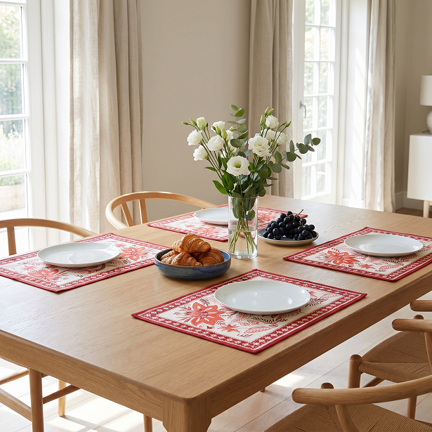 Hand Block Printed Cotton Canvas Table Mat 32x48 cms Set of 2 Table mats Bossanova Red Open 103700