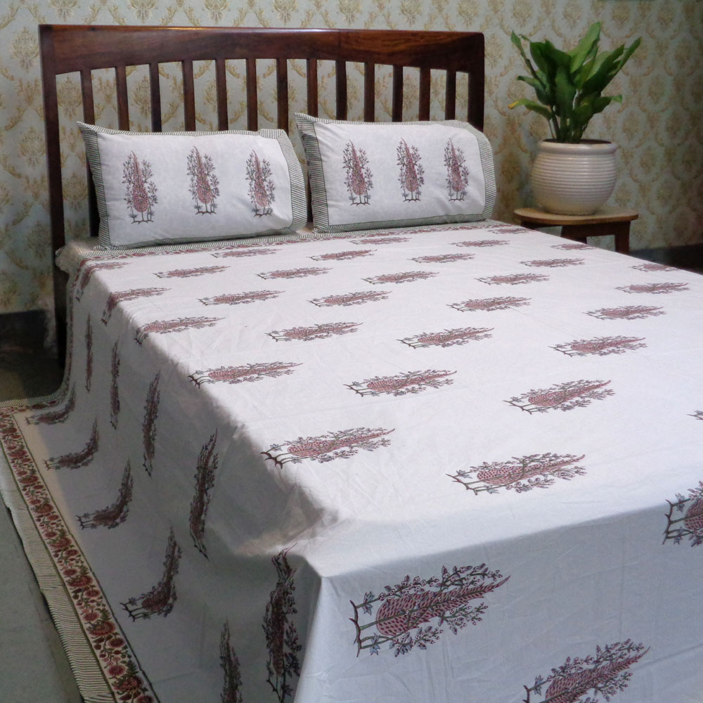 King Size Block Printed Percale Fine Cotton Bedspread with 2 Pillow Cases 101906