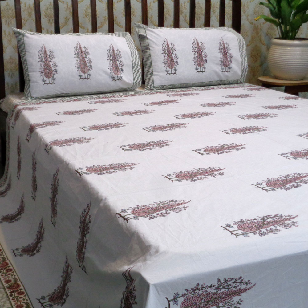 King Size Block Printed Percale Fine Cotton Bedspread with 2 Pillow Cases 101906