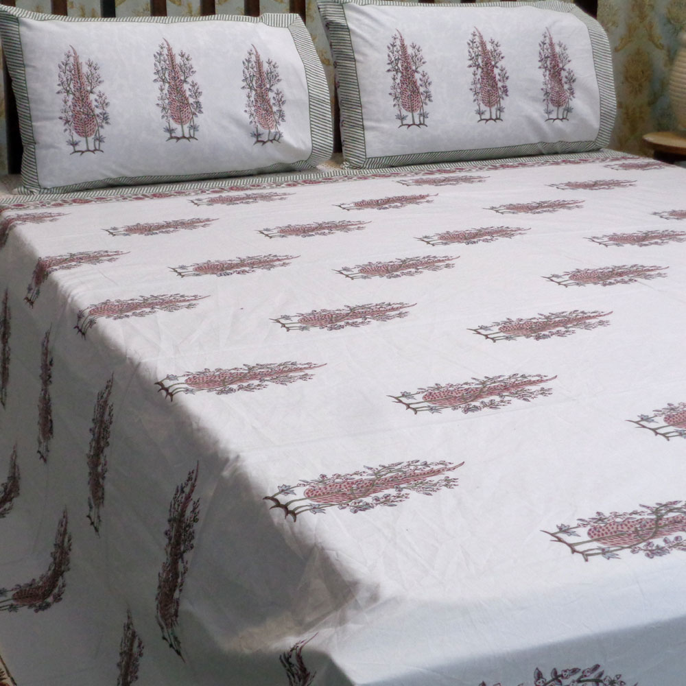King Size Block Printed Percale Fine Cotton Bedspread with 2 Pillow Cases 101906