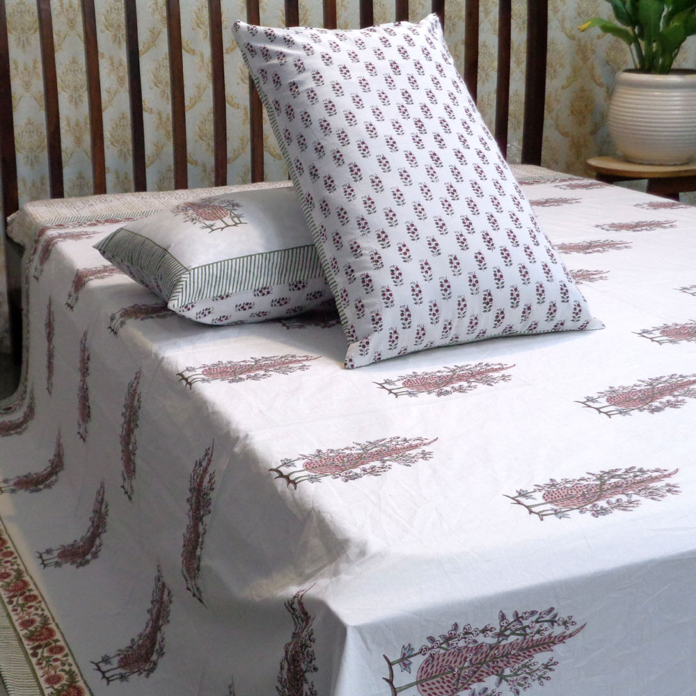 King Size Block Printed Percale Fine Cotton Bedspread with 2 Pillow Cases 101906