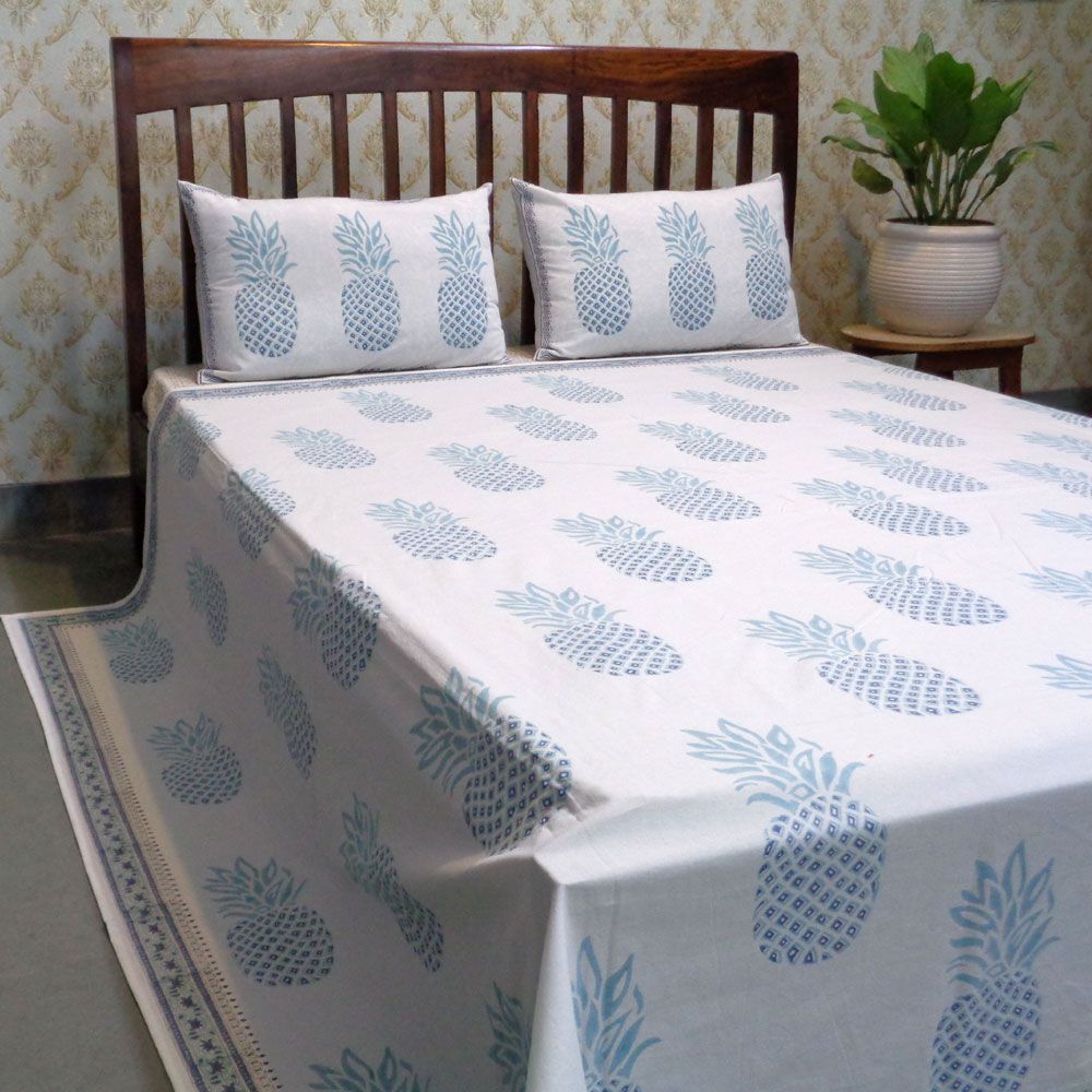 Hand Block Printed Cotton Queen Size Bedspread Pineapple Aqua 102701