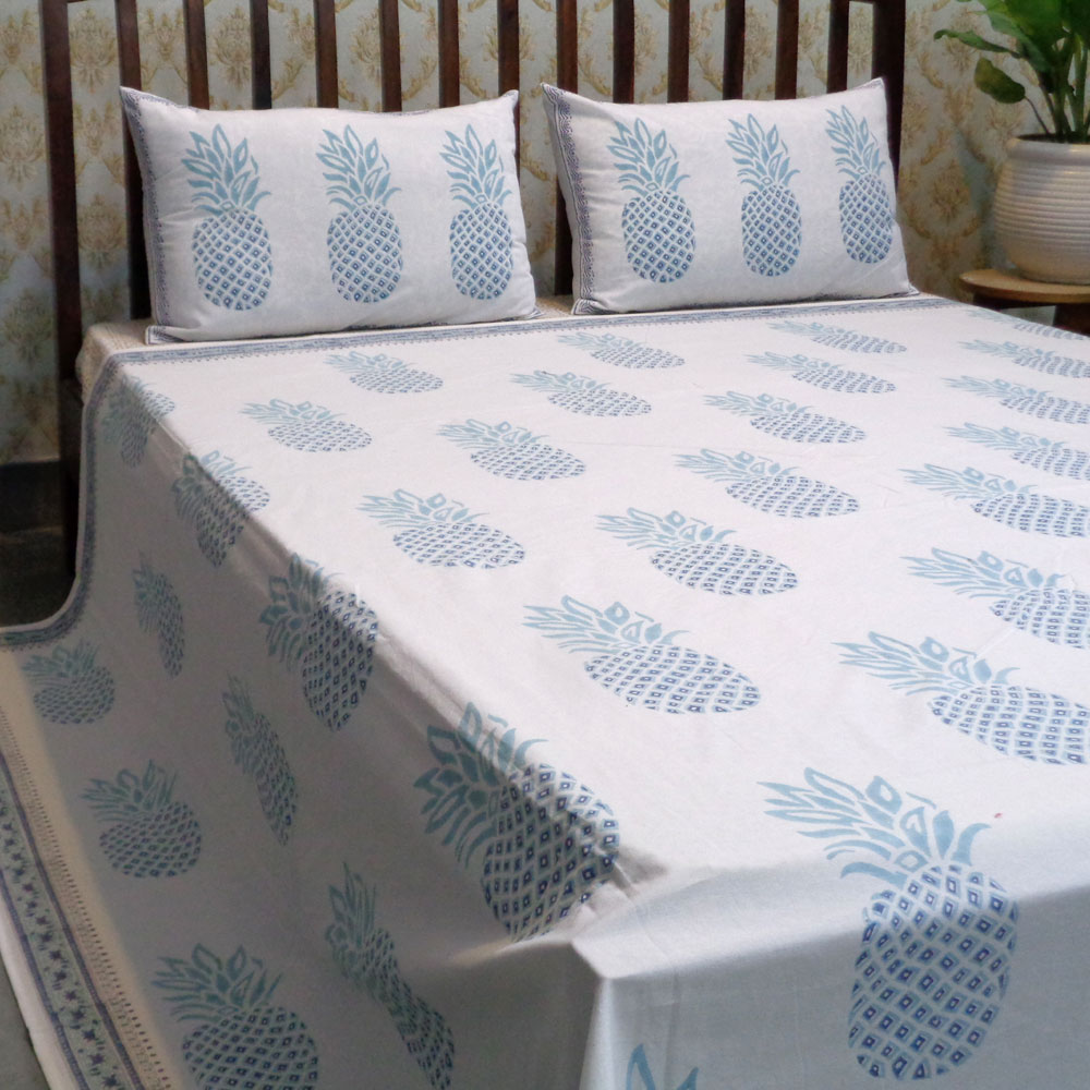 Hand Block Printed Cotton Queen Size Bedspread Pineapple Aqua 102701