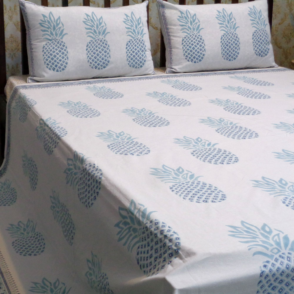 Hand Block Printed Cotton Queen Size Bedspread Pineapple Aqua 102701