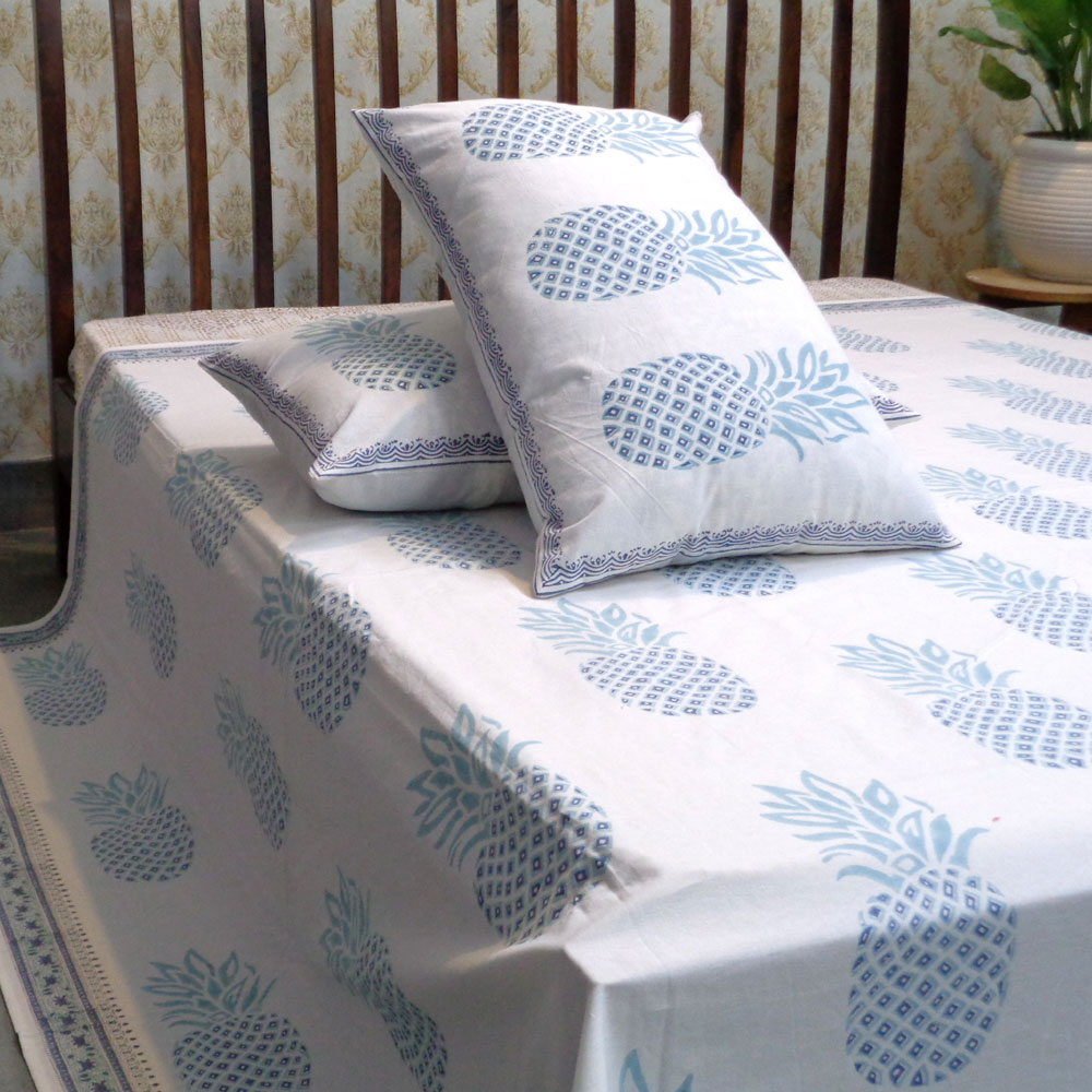 Hand Block Printed Cotton Queen Size Bedspread Pineapple Aqua 102701