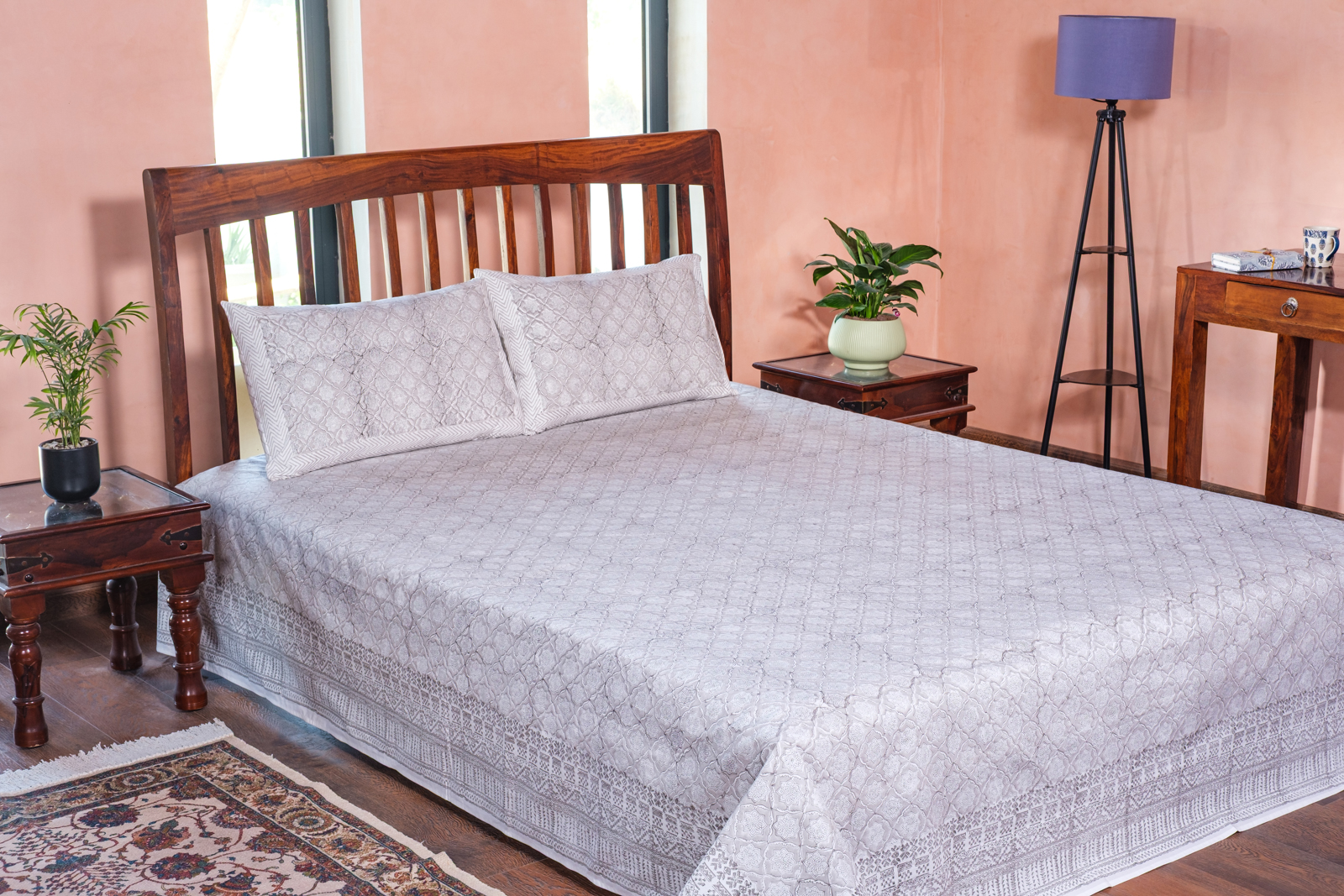 King Size Block Printed Percale Fine Cotton Bedspread with 2 Pillow Cases   100892
