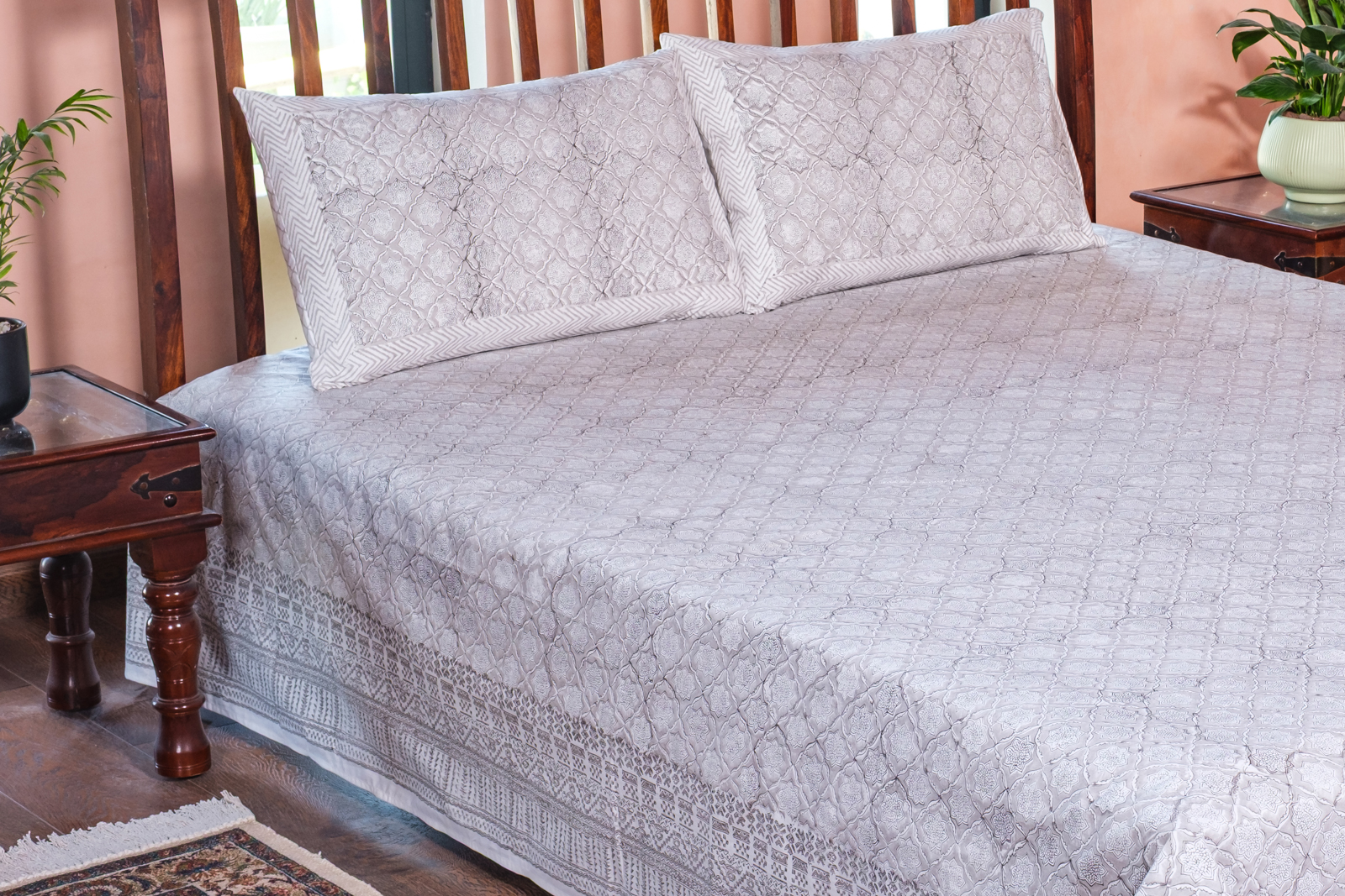 King Size Block Printed Percale Fine Cotton Bedspread with 2 Pillow Cases   100892