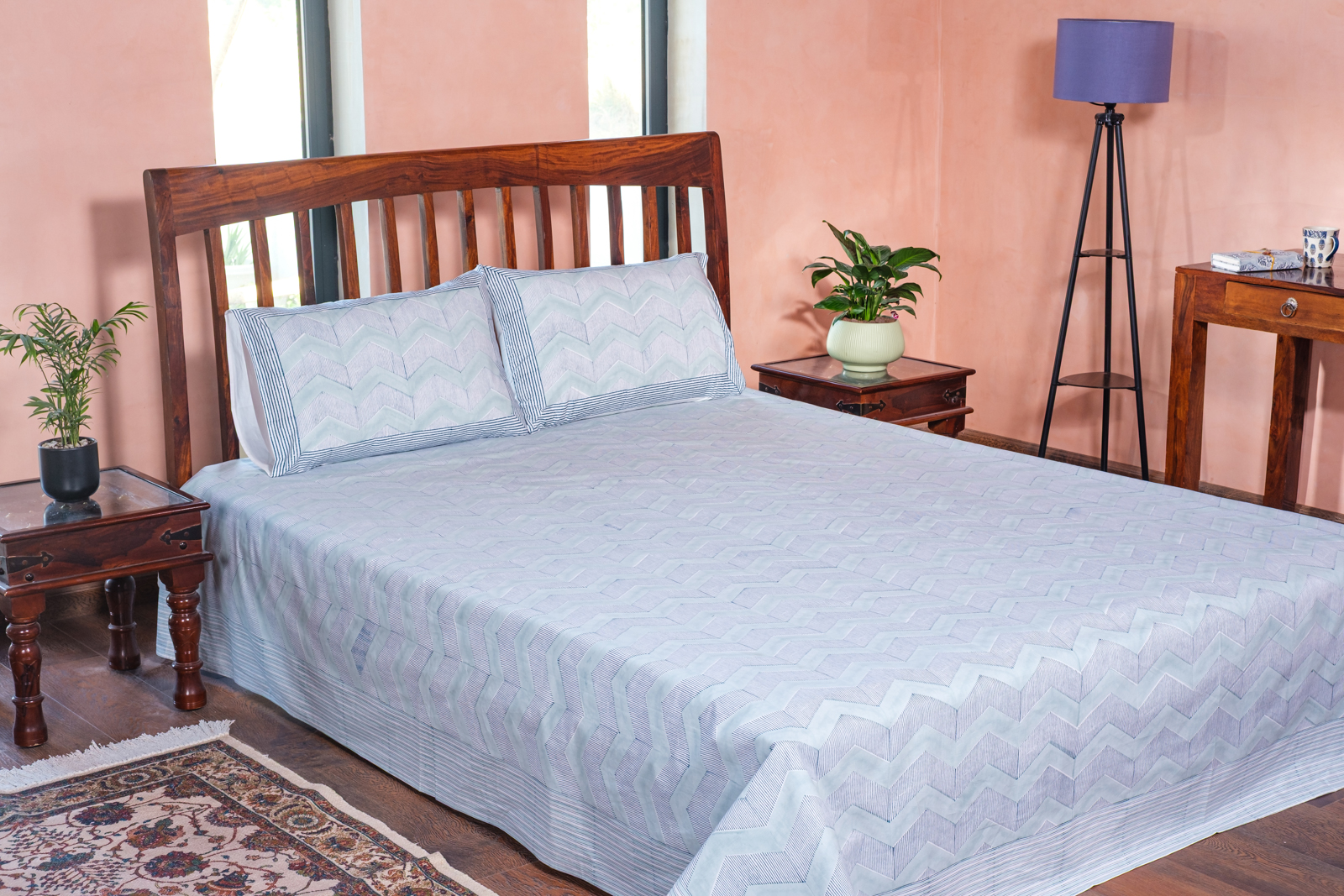 King Size Block Printed Percale Fine Cotton Bedspread with 2 Pillow Cases 100902