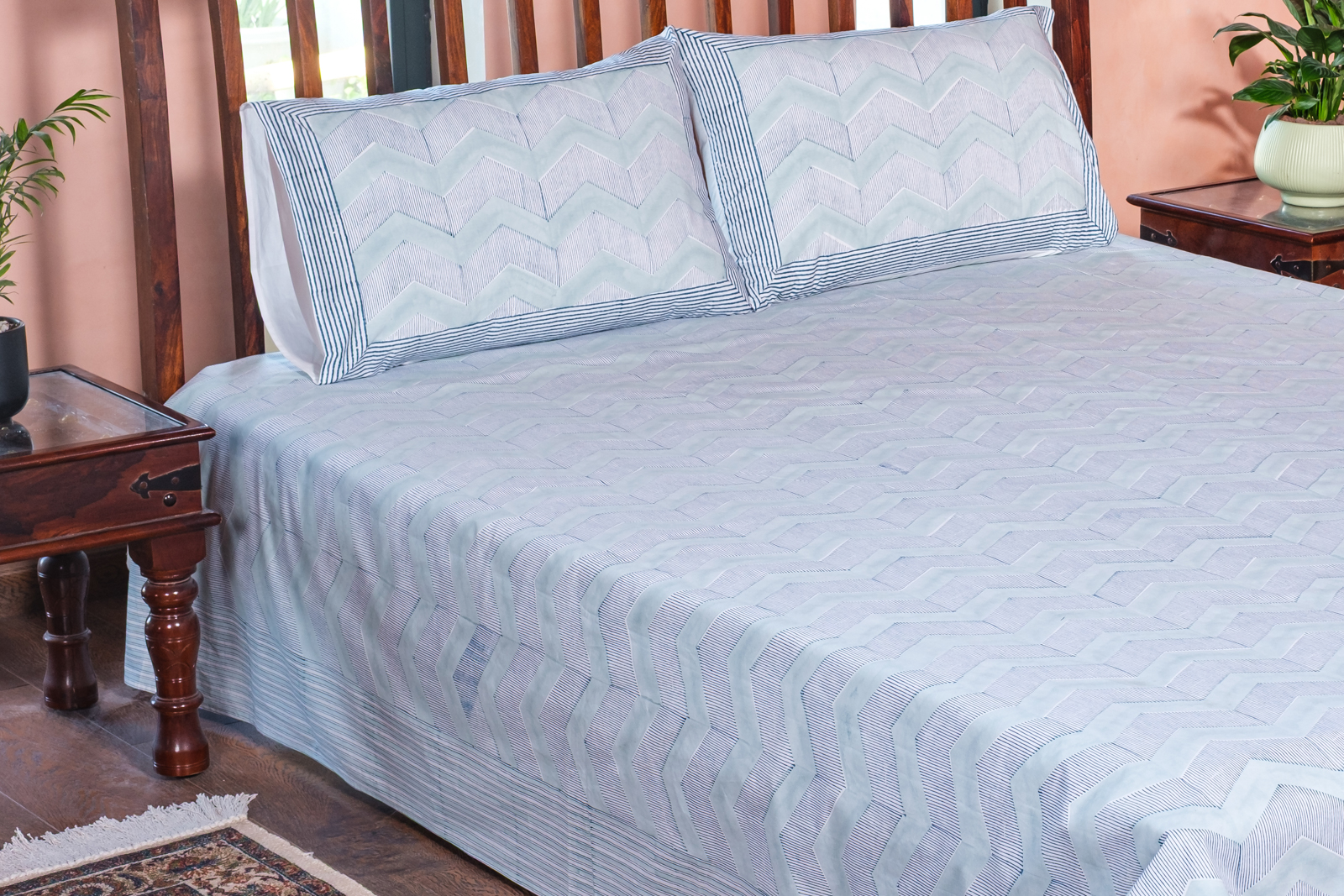 King Size Block Printed Percale Fine Cotton Bedspread with 2 Pillow Cases 100902