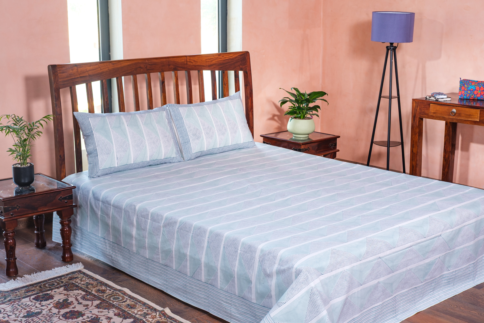 King Size Block Printed Percale Fine Cotton Bedspread with 2 Pillow Cases   100909