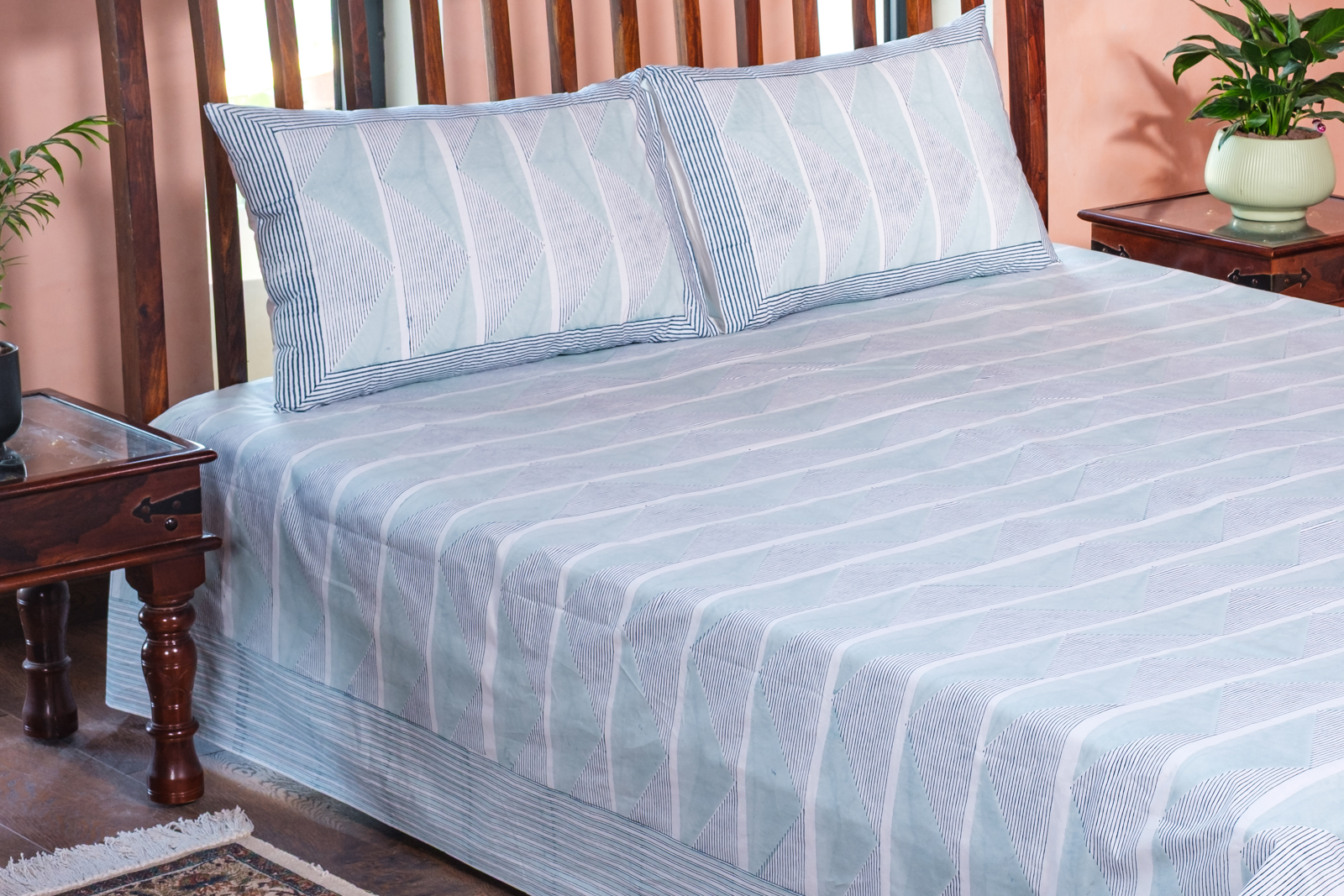 King Size Block Printed Percale Fine Cotton Bedspread with 2 Pillow Cases   100909