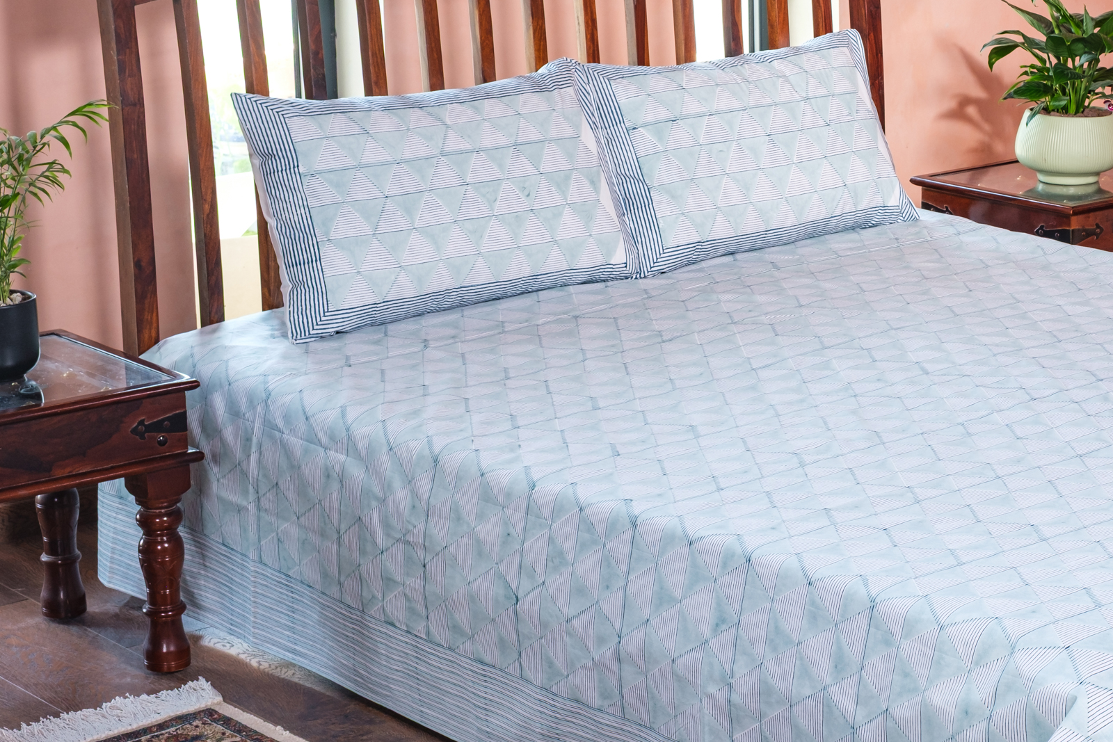 King Size Block Printed Percale Fine Cotton Bedspread with 2 Pillow Cases 100913
