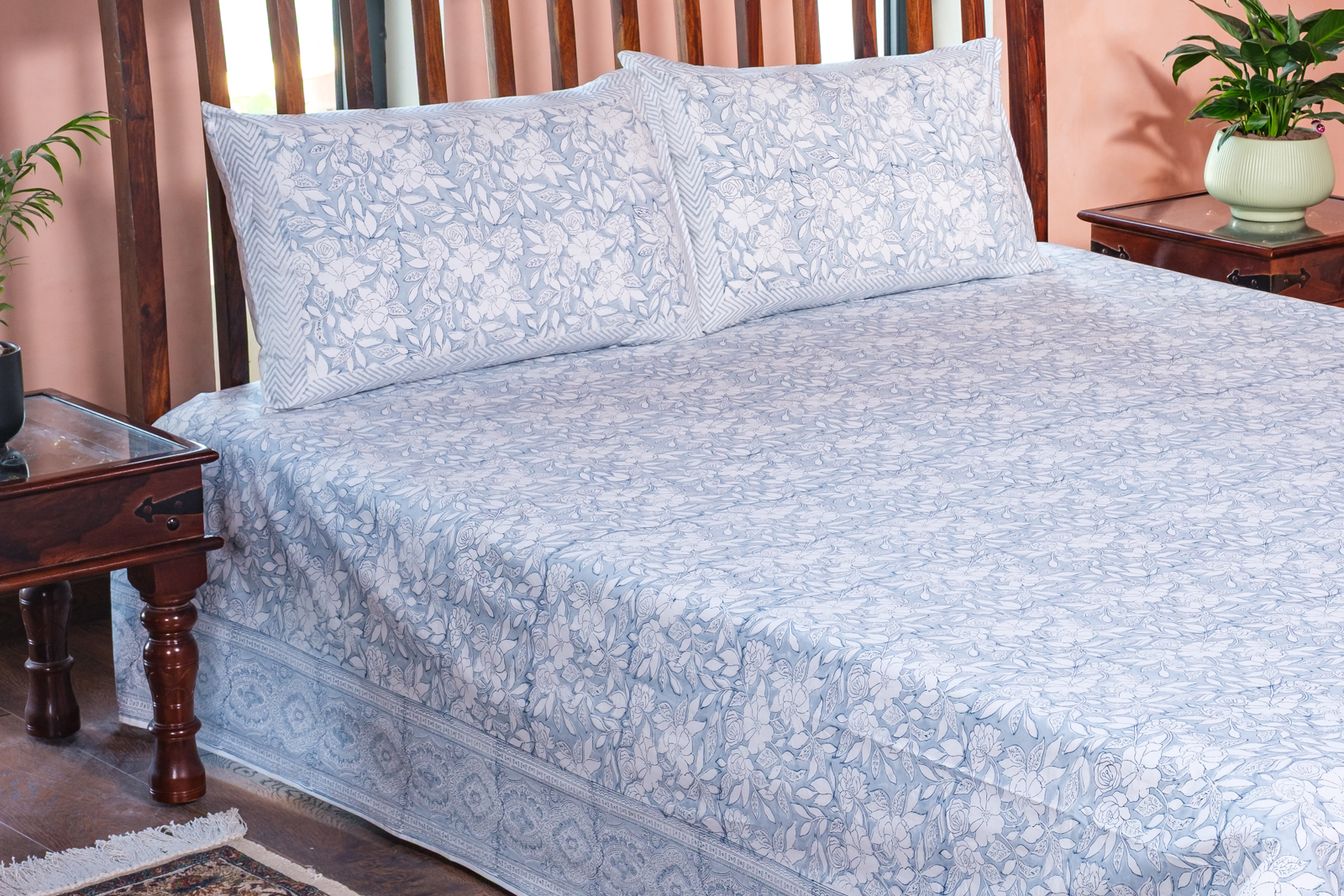 King Size Block Printed Percale Fine Cotton Bedspread with 2 Pillow Cases 100917