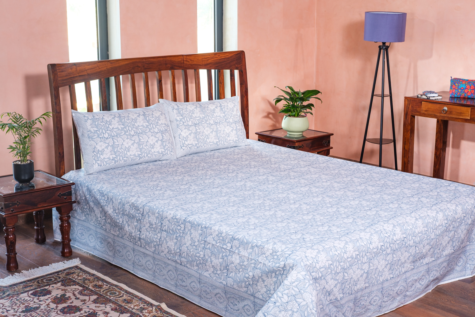 King Size Block Printed Percale Fine Cotton Bedspread with 2 Pillow Cases 100917